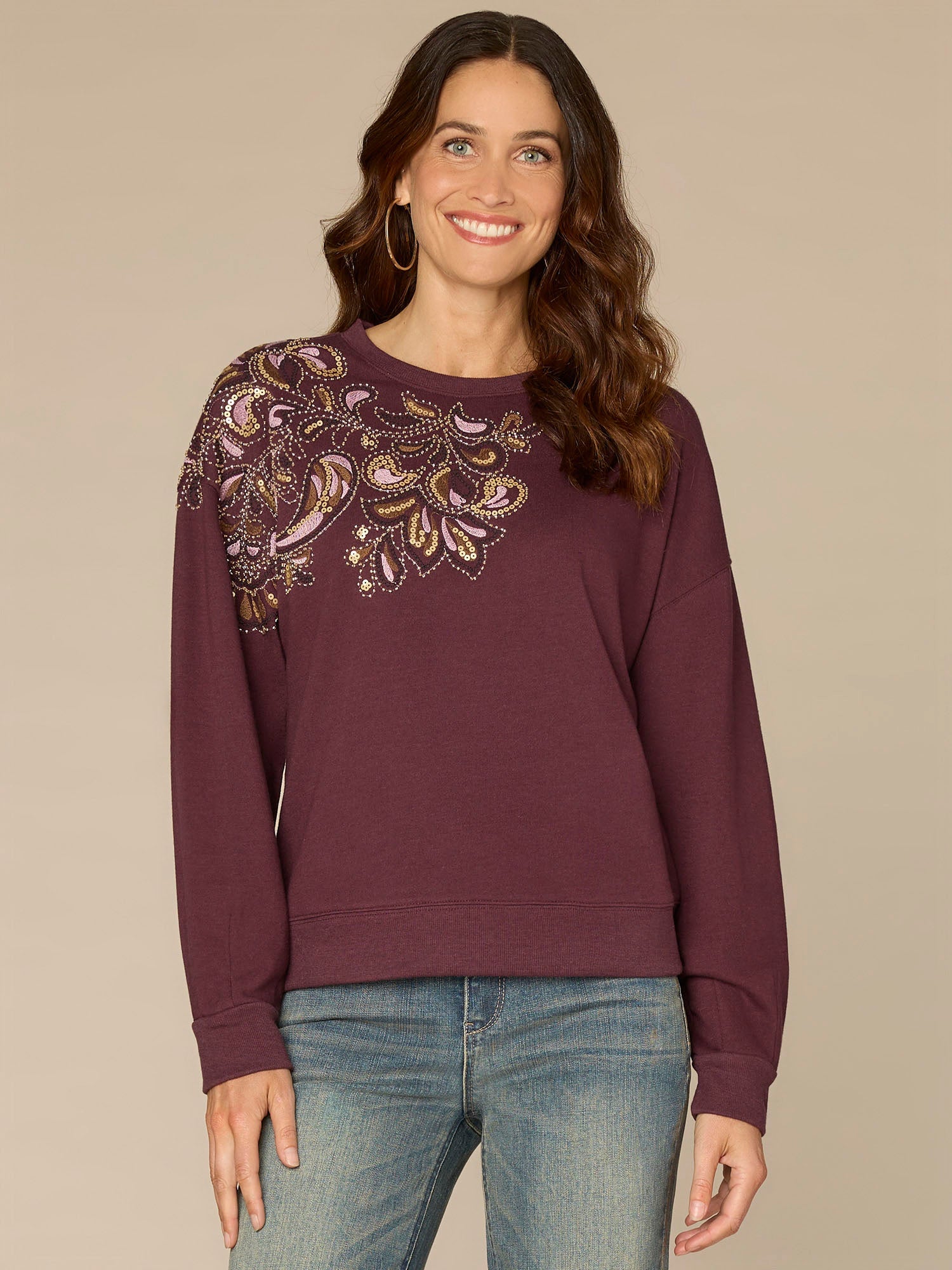 Long Sleeve Crew Neck Beaded Petite Knit Sweatshirt