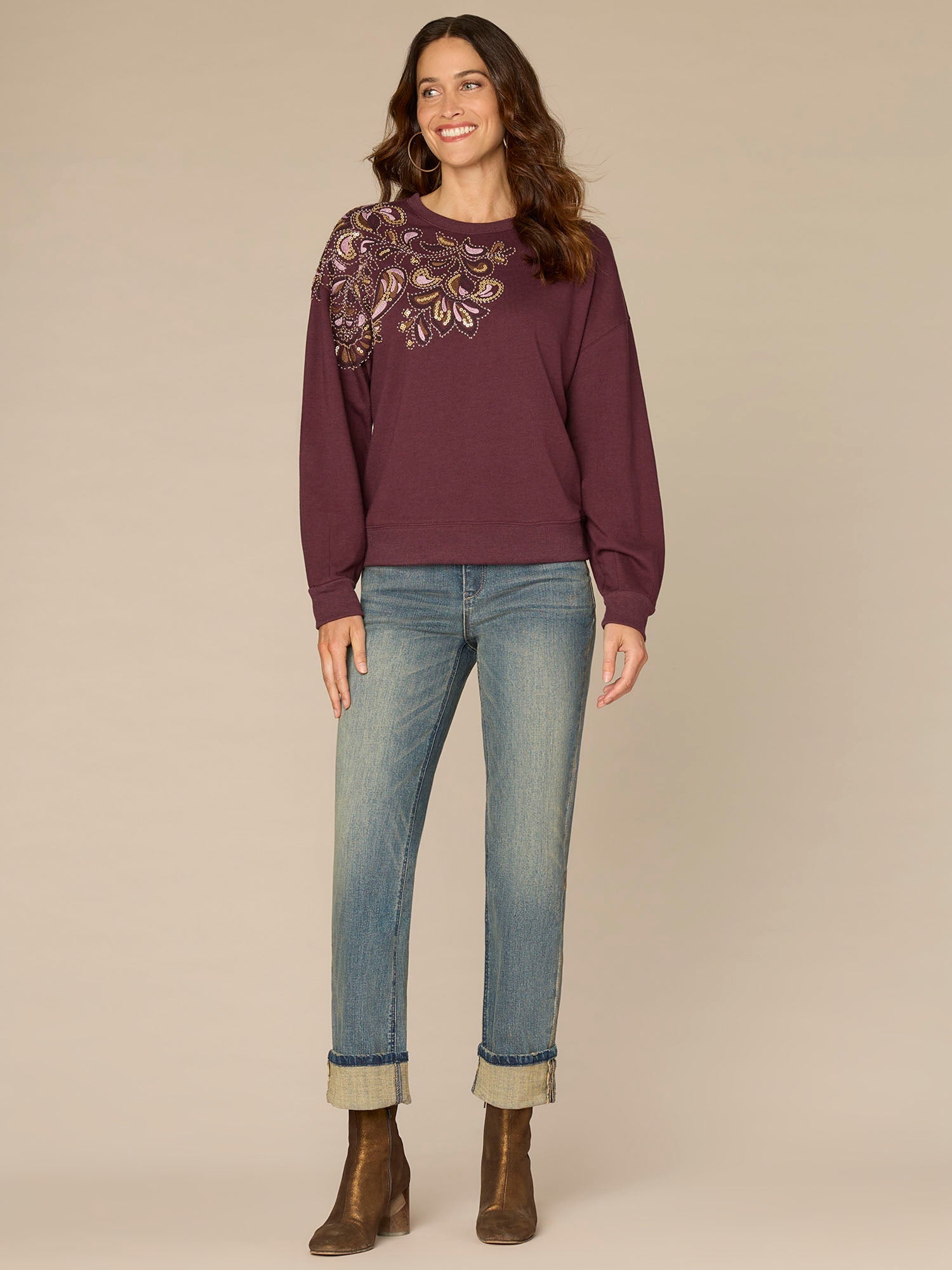 Long Sleeve Crew Neck Beaded Petite Knit Sweatshirt