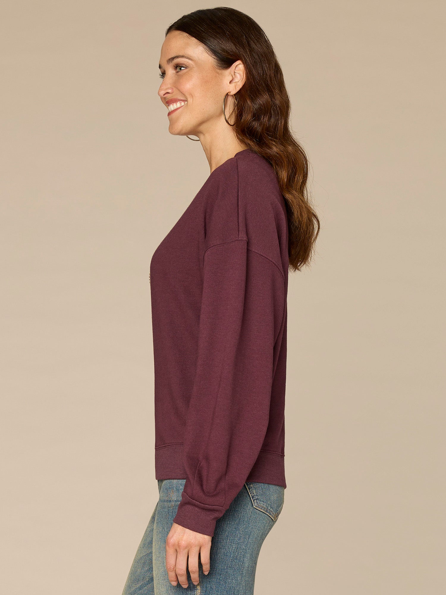 Long Sleeve Crew Neck Beaded Petite Knit Sweatshirt