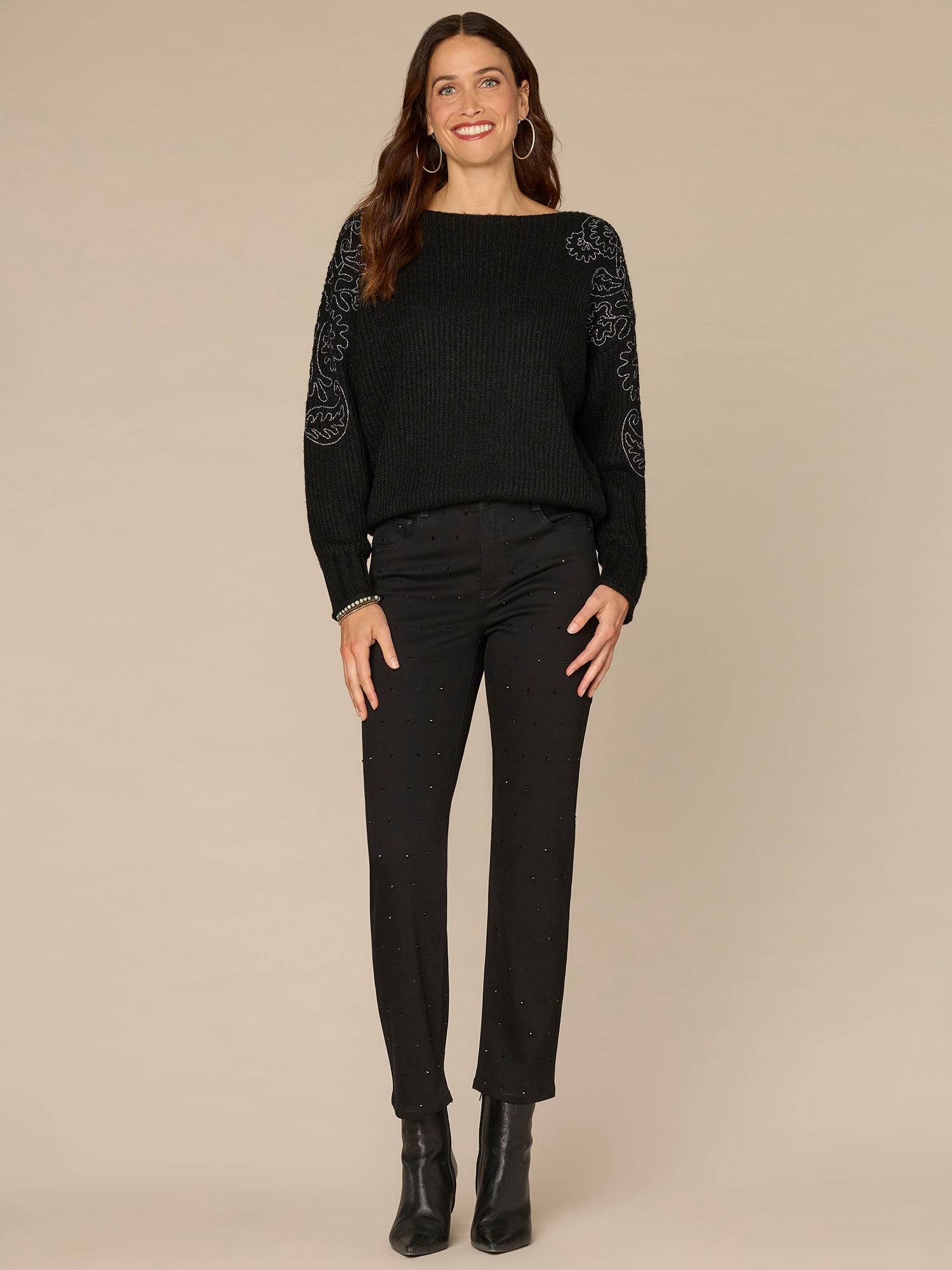 Long Sleeve Boat Neck Embroidered Shoulder Petite Pull Over Sweater