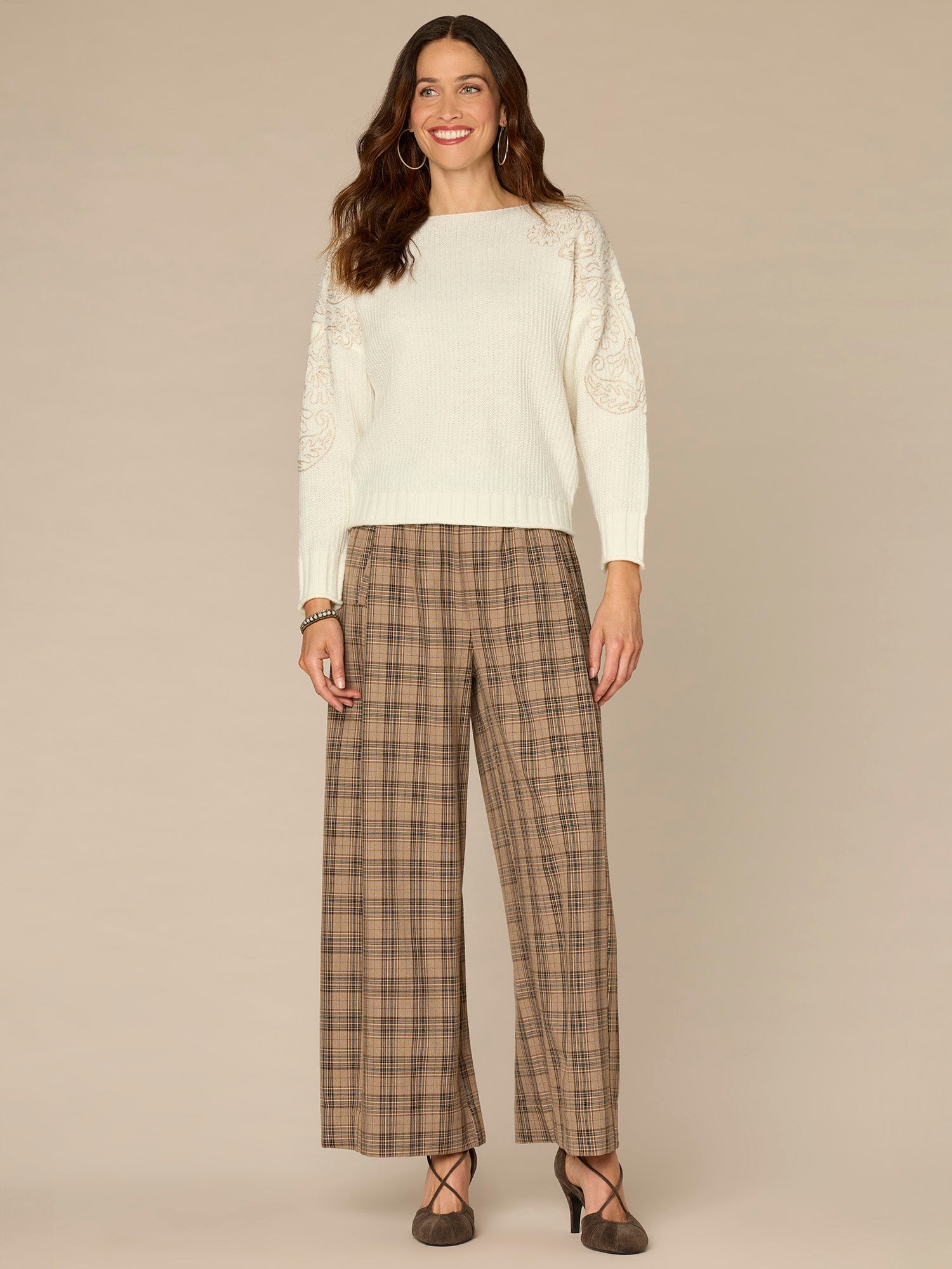 Long Sleeve Boat Neck Embroidered Shoulder Petite Pull Over Sweater