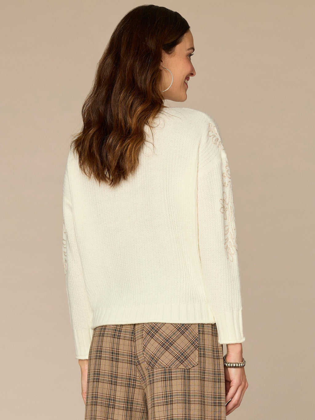 Long Sleeve Boat Neck Embroidered Shoulder Pull Over Sweater