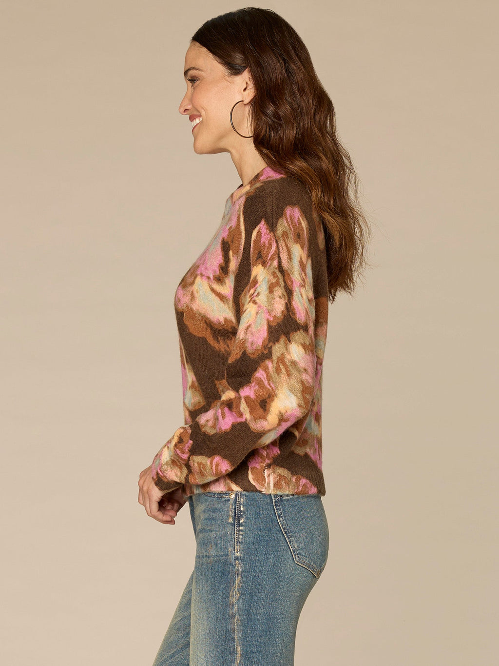 Long Ruched Sleeve Round Mock Neck Abstract Floral Print Sweater