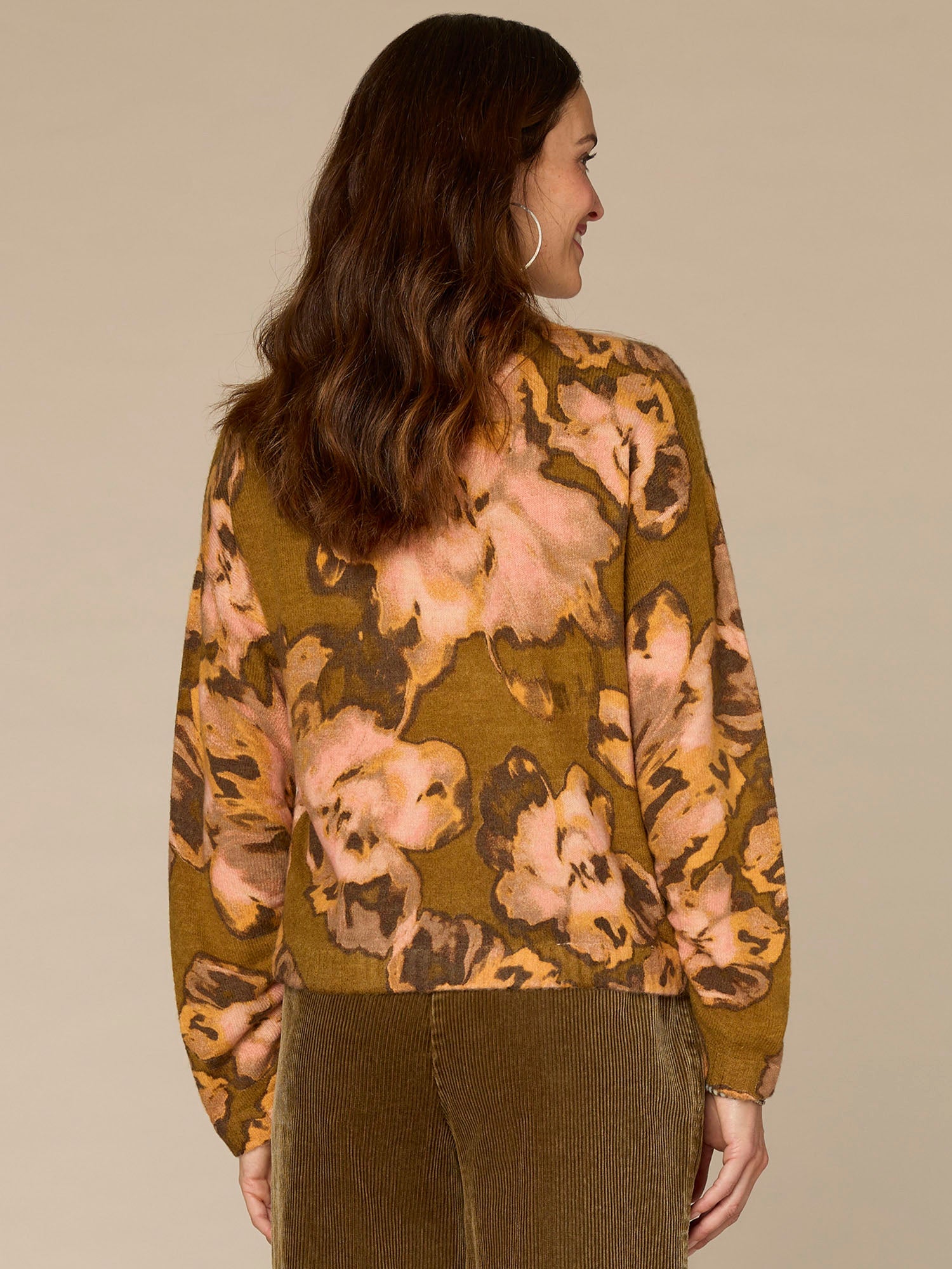 Long Ruched Sleeve Round Mock Neck Abstract Floral Print Sweater