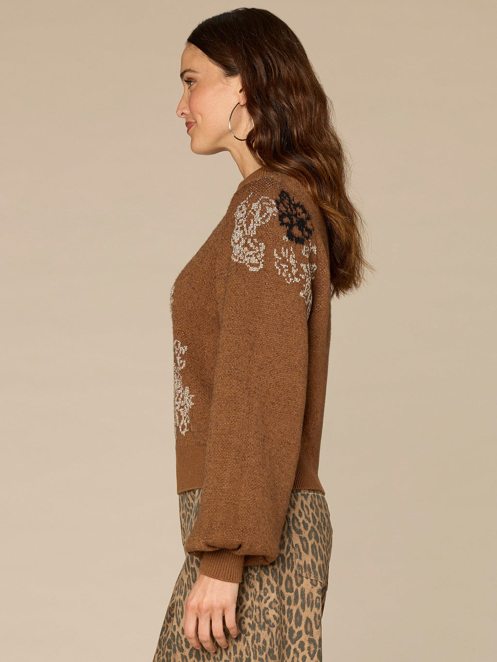 Long Blouson Sleeve Mock Neck Placement Floral Petite Jacquard Sweater