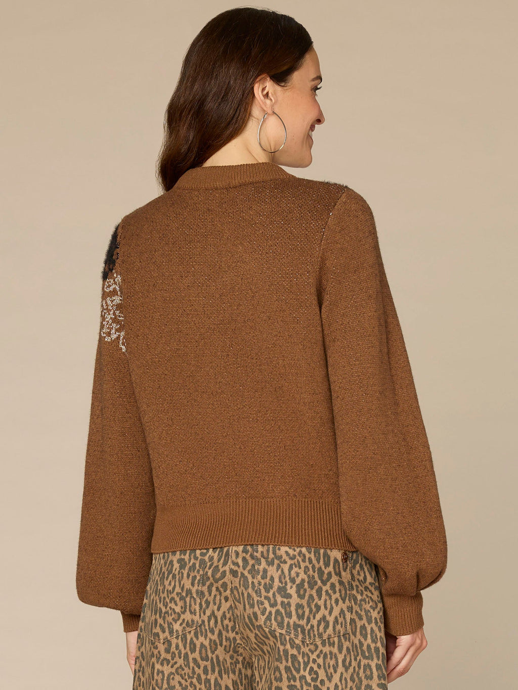 Long Blouson Sleeve Mock Neck Placement Floral Jacquard Sweater