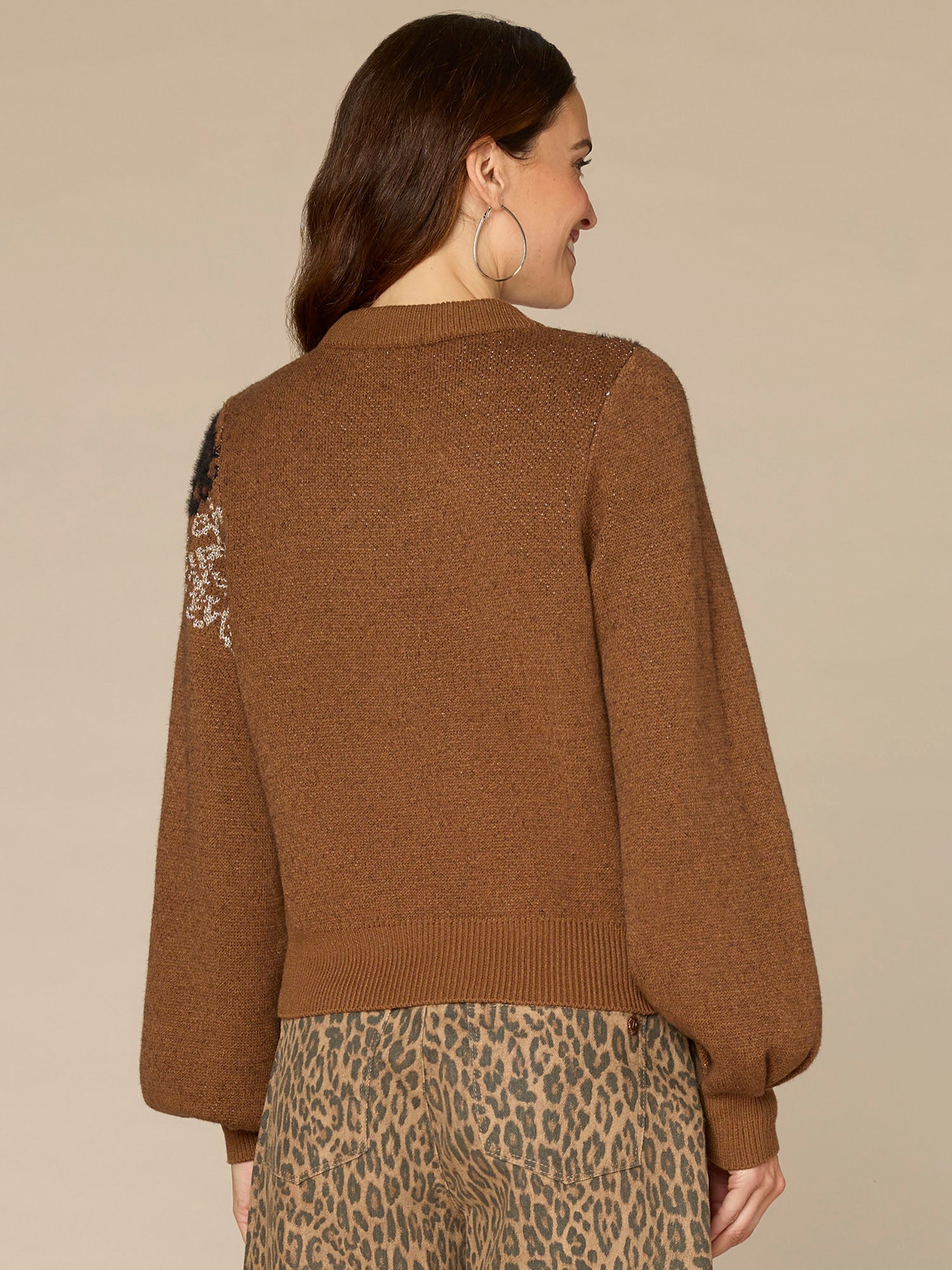 Long Blouson Sleeve Mock Neck Placement Floral Jacquard Sweater