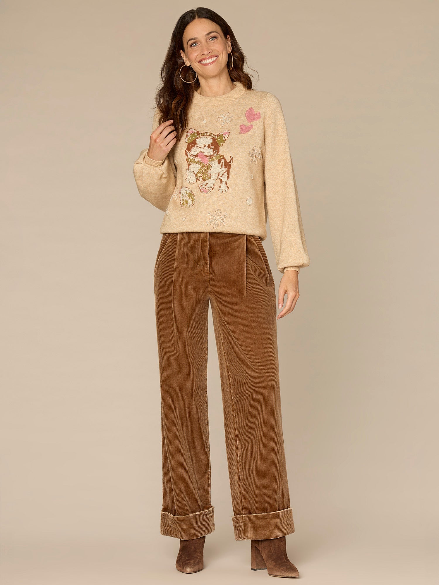 Long Sleeve High Round Neck Placement Holiday Dog Jacquard Sweater