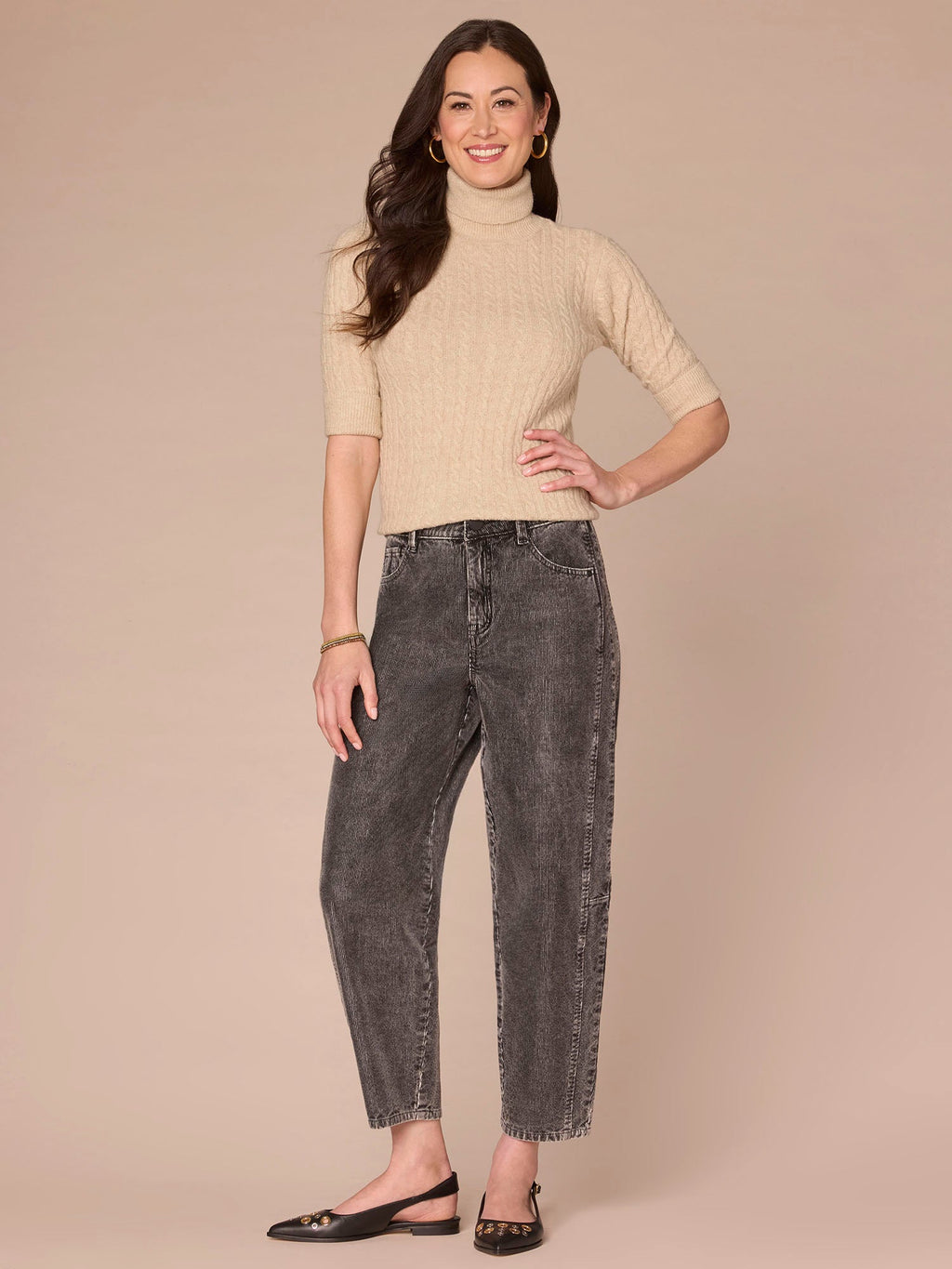 Cuffed Elbow Sleeve Turtle Neck Cable Stitch Mix Sweater