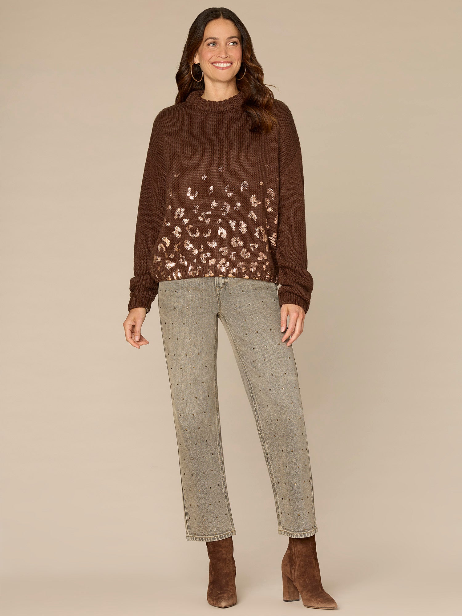 Ruched Sleeve Round Double Layer Neck Sweater with Ombre Foil Print