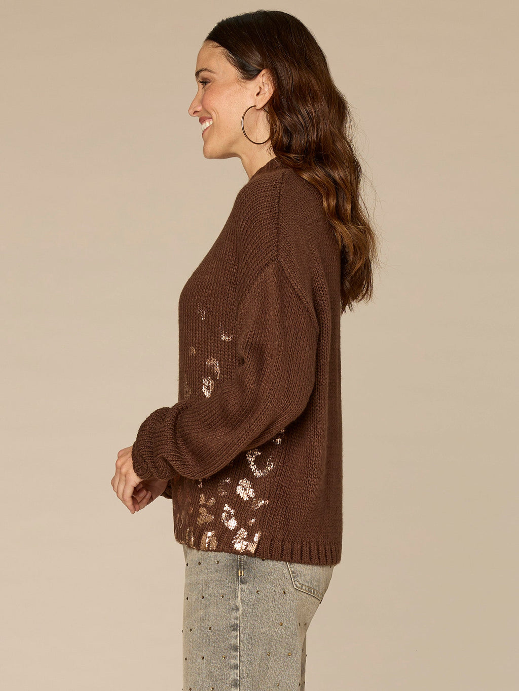 Ruched Sleeve Round Double Layer Neck Ombre Foil Petite Sweater