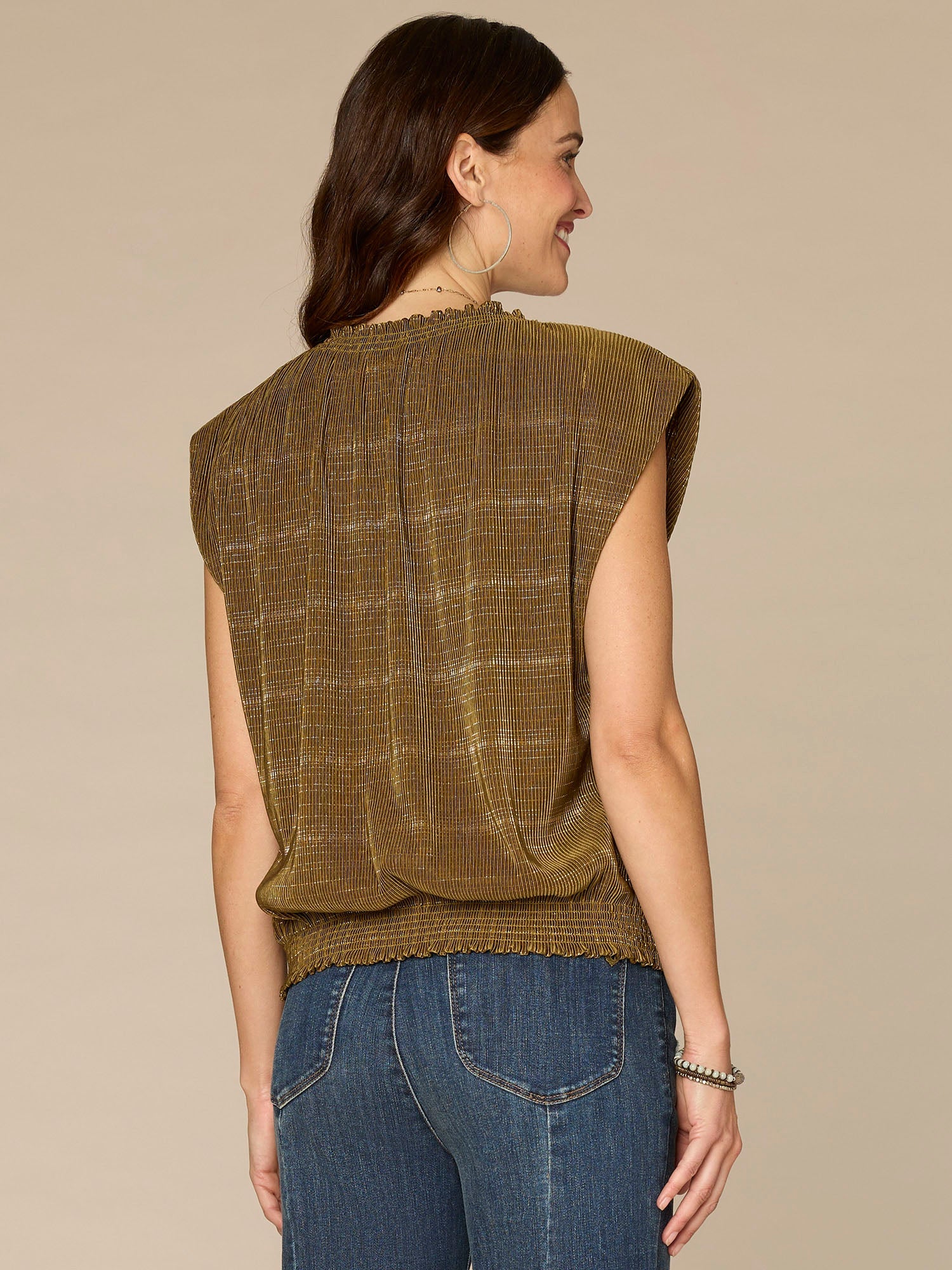 Extended Cap Sleeve Smock Crew Neck Striped Foil Bodre Knit Top