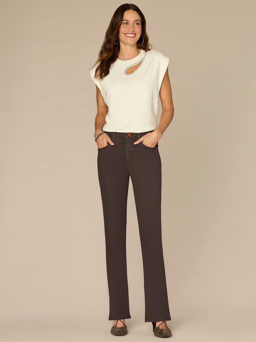 Extended Cap Sleeve Crew Neck Knit Top with Rhinestone Cut Out