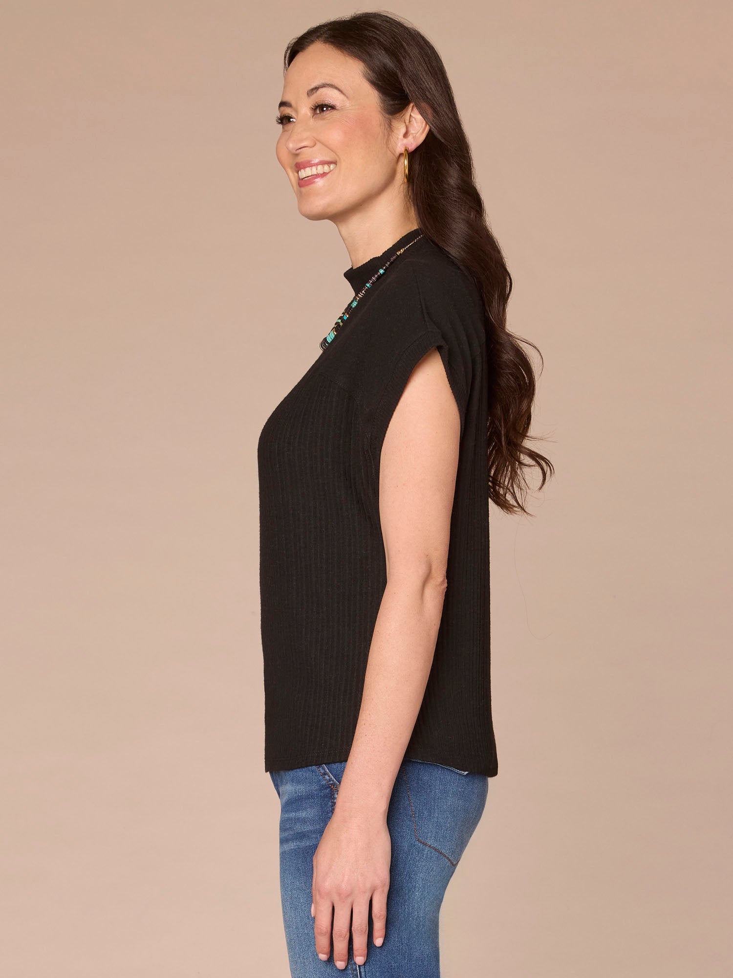 Extended Cap Sleeve Mock Neck Curved Placket Mixed Media Knit Top