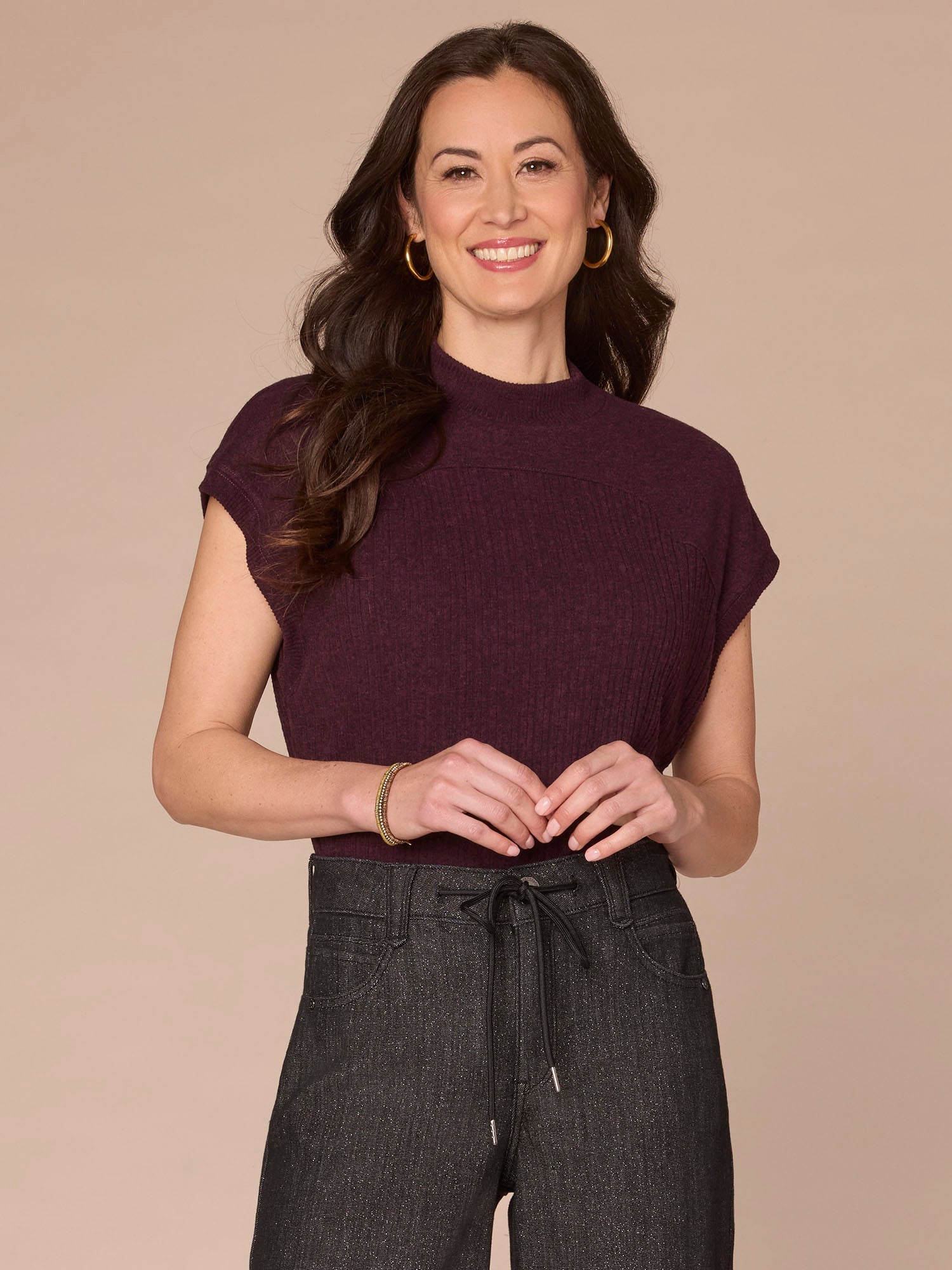 Extended Cap Sleeve Mock Neck Curved Placket Mixed Media Knit Top