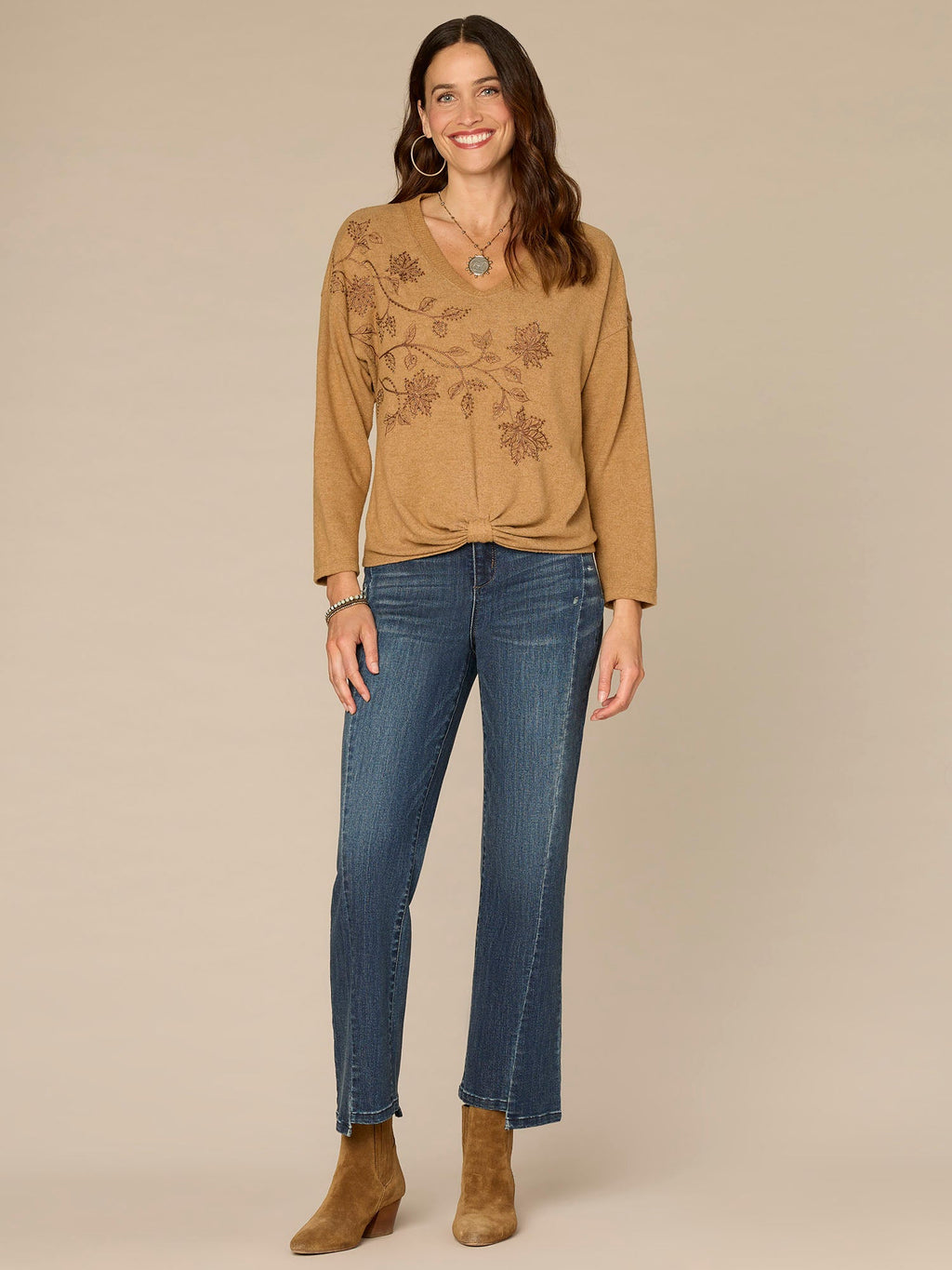 Long Sleeve V-Neck Knot Hem Beaded Petite Knit Top
