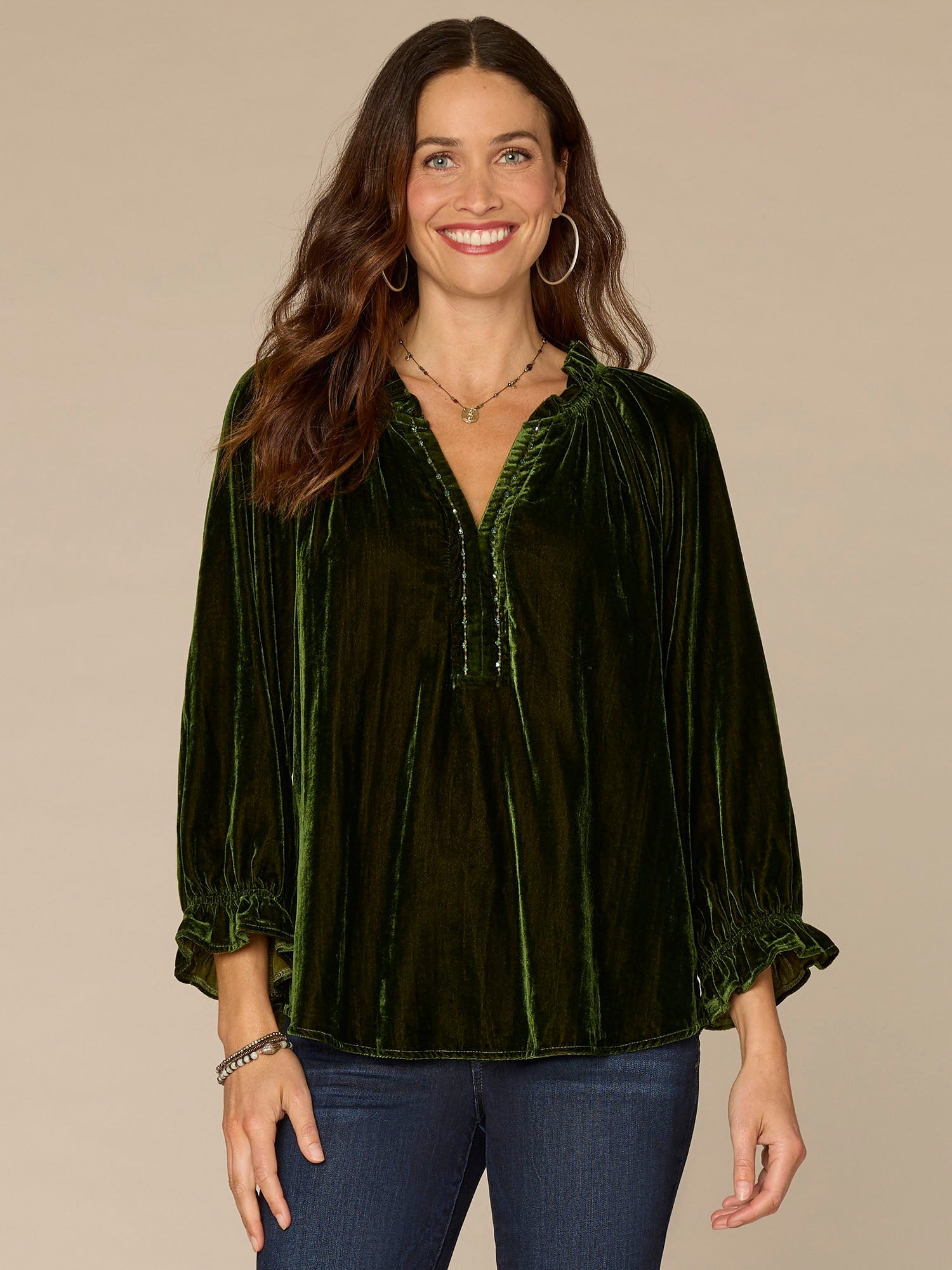 Three Quarter Blouson Sleeve V-Neck Embroidered Petite Woven Top