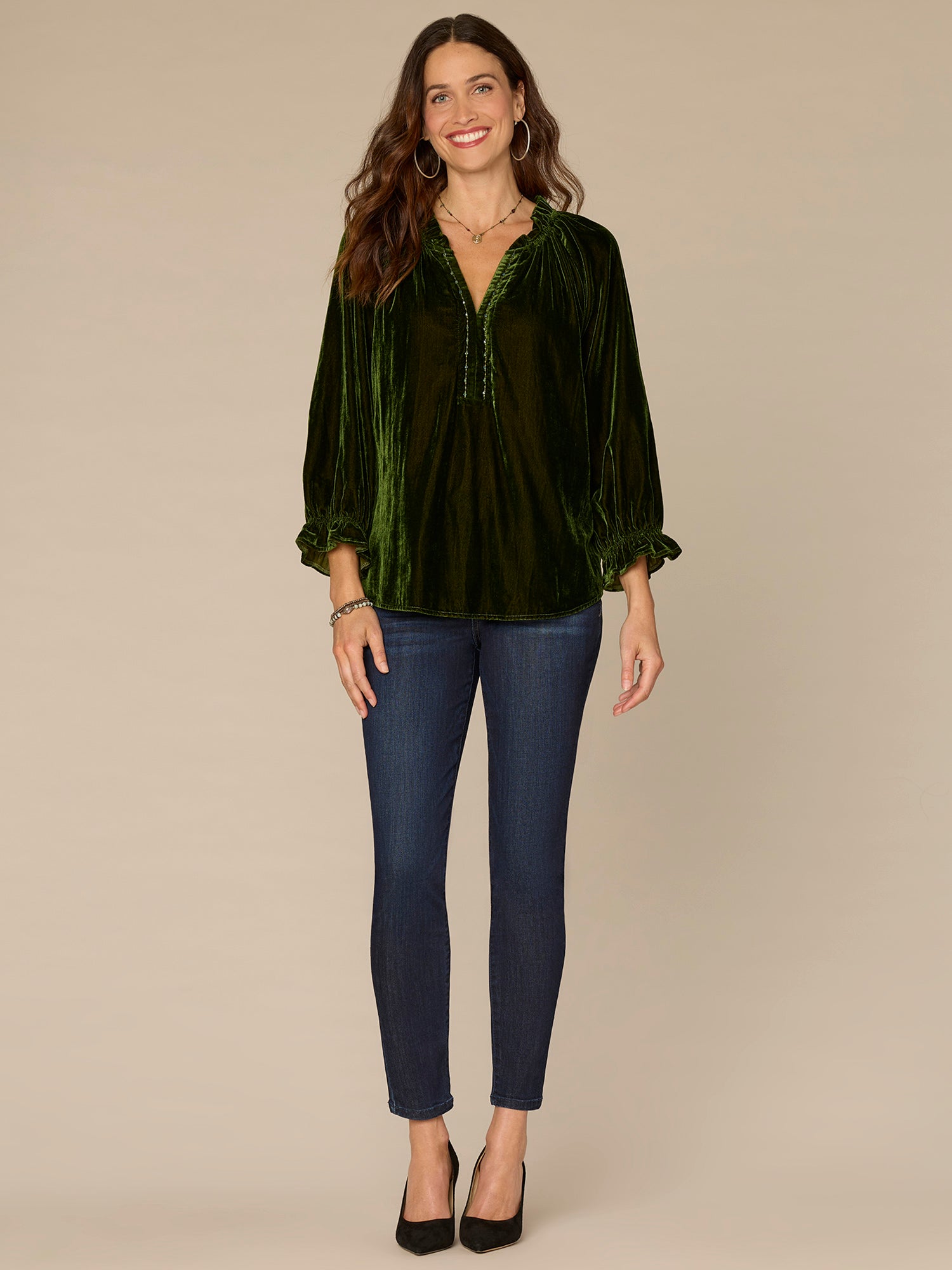 Three Quarter Blouson Sleeve Ruffle V-Neck Embroidered Woven Top