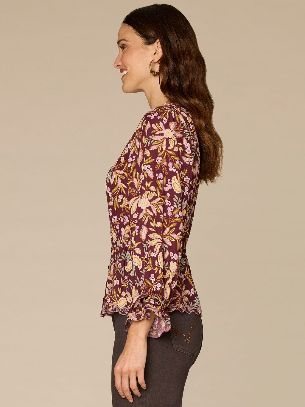 Long Tie Sleeve V-Neck Printed Woven Top with Scallop Edge Embroidery
