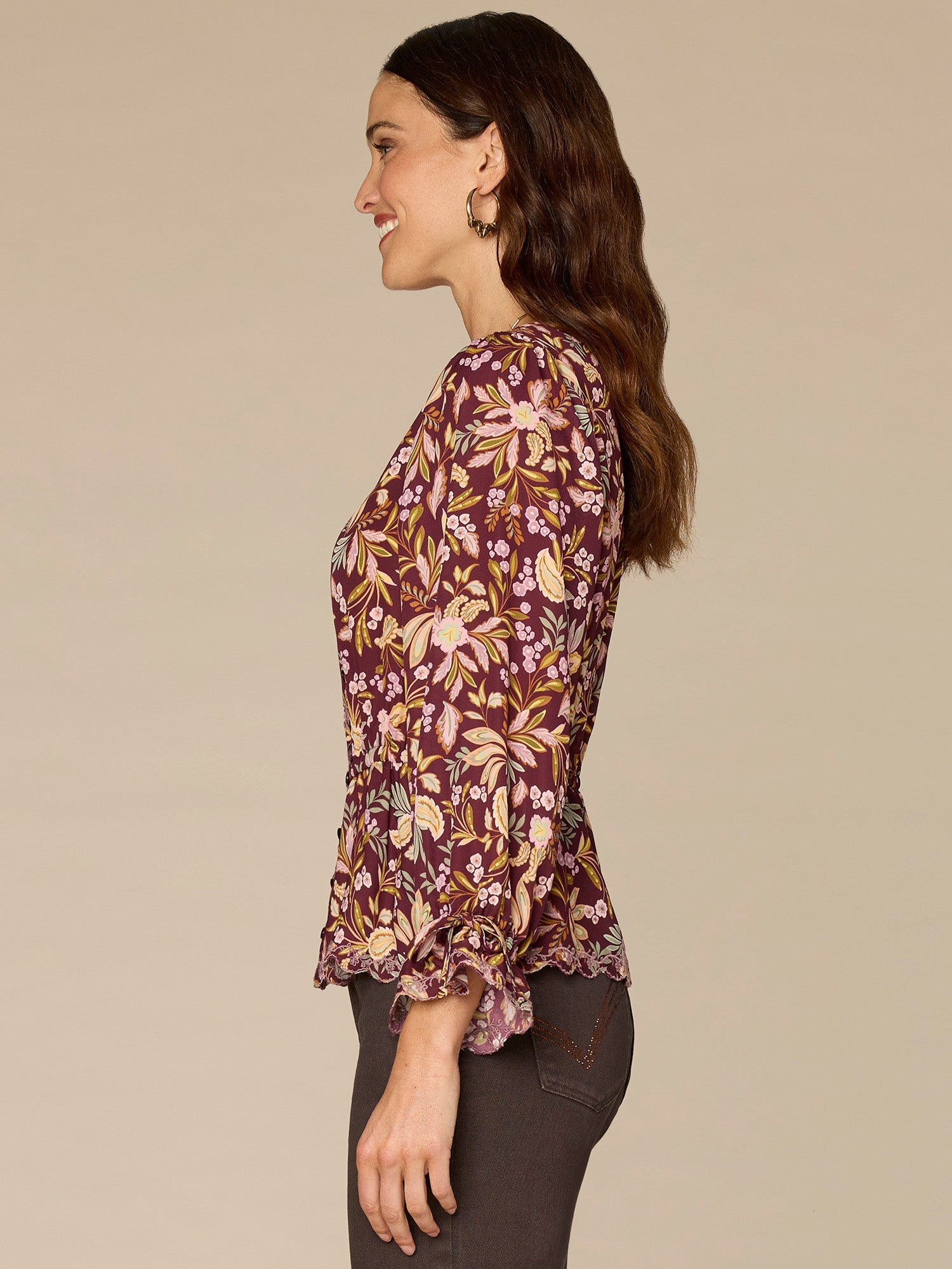 Long Tie Sleeve V-Neck Printed Woven Top with Scallop Edge Embroidery