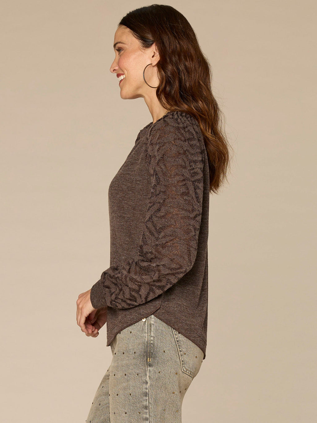 Long Blouson Sleeve Mandarin Collar Half Placket Mixed Media Knit Top