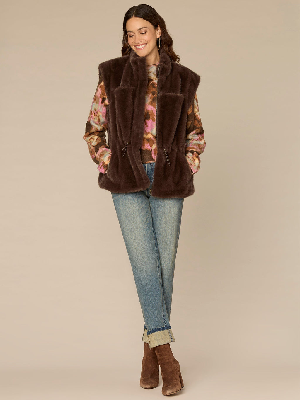 Cap Sleeve Funnel Neck Zip Front Woven Vest with Toggle Waist Ties