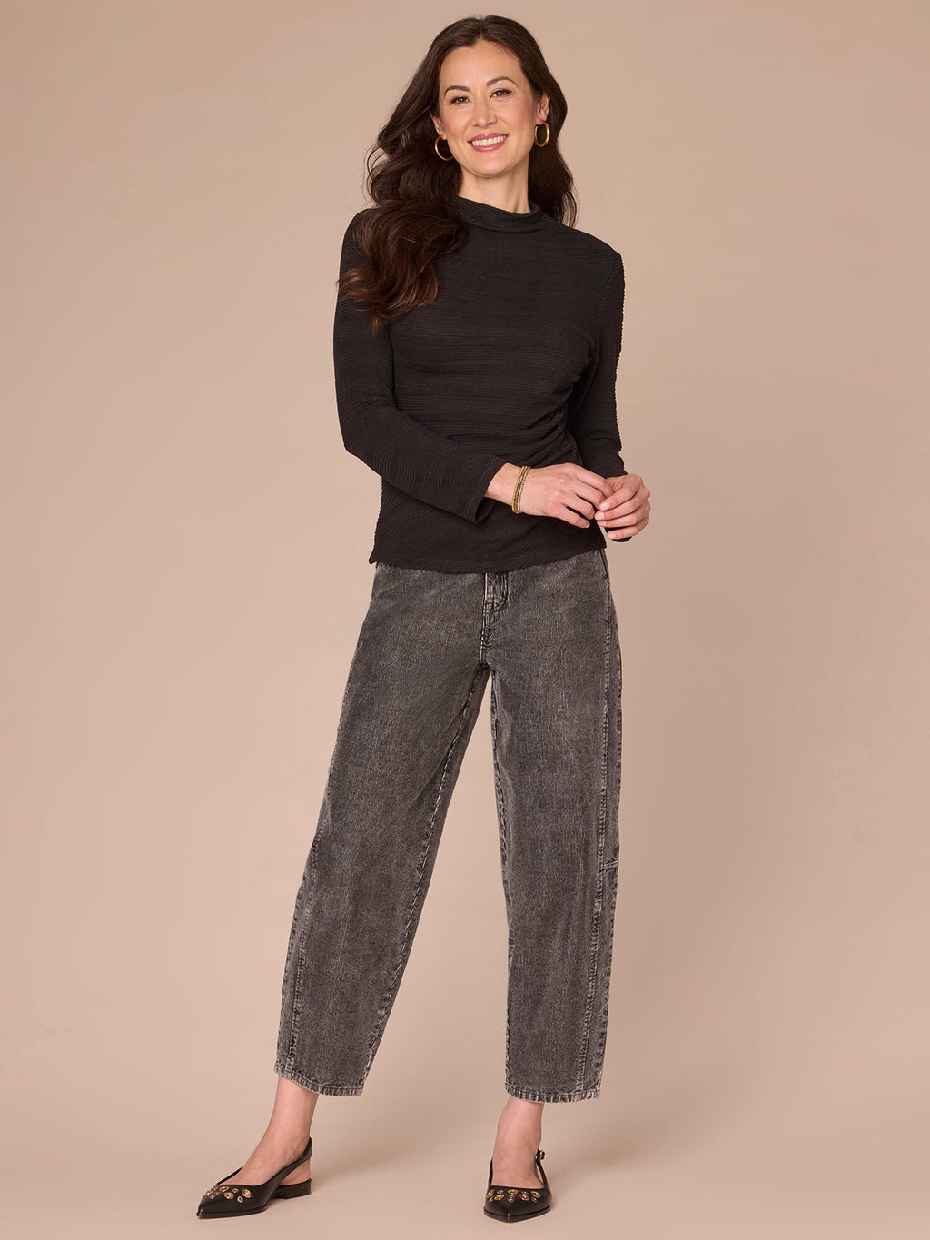 Long Sleeve Mock Neck Asymmetrical Side Ruching Petite Knit Top