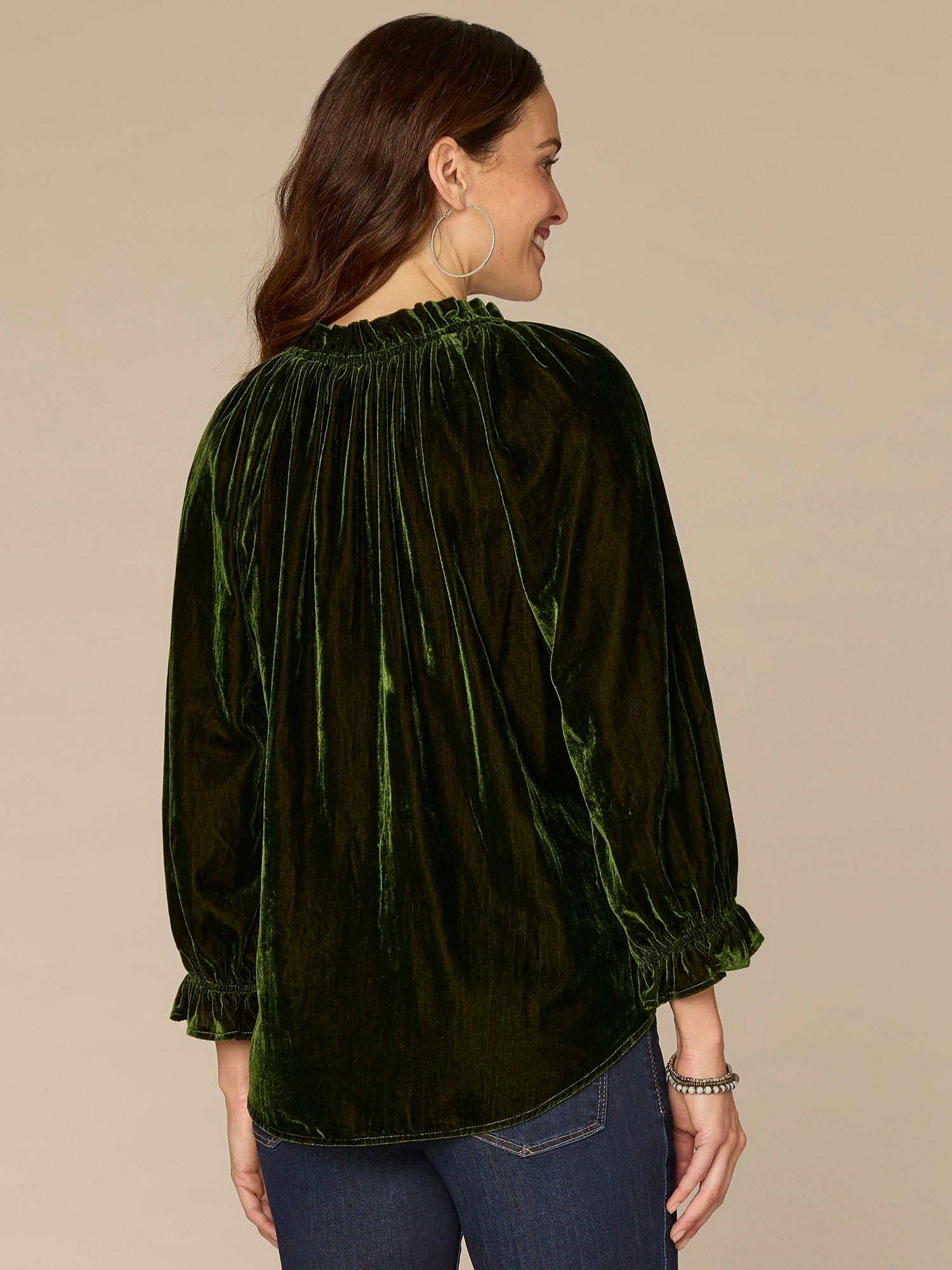 Three Quarter Blouson Sleeve V-Neck Embroidered Plus Size Woven Top