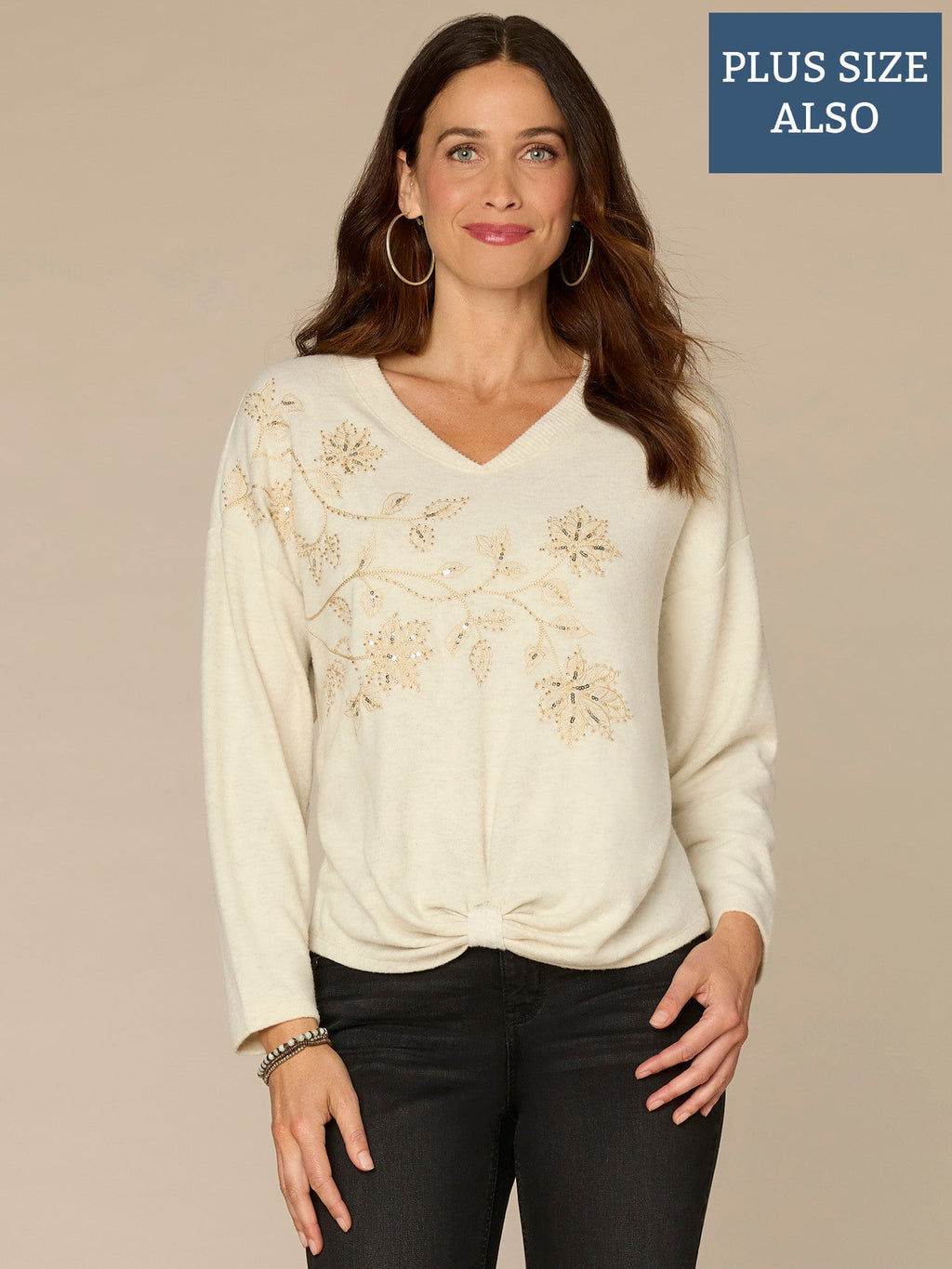 Long Sleeve V-Neck Knot Hem Beaded Plus Size Knit Top