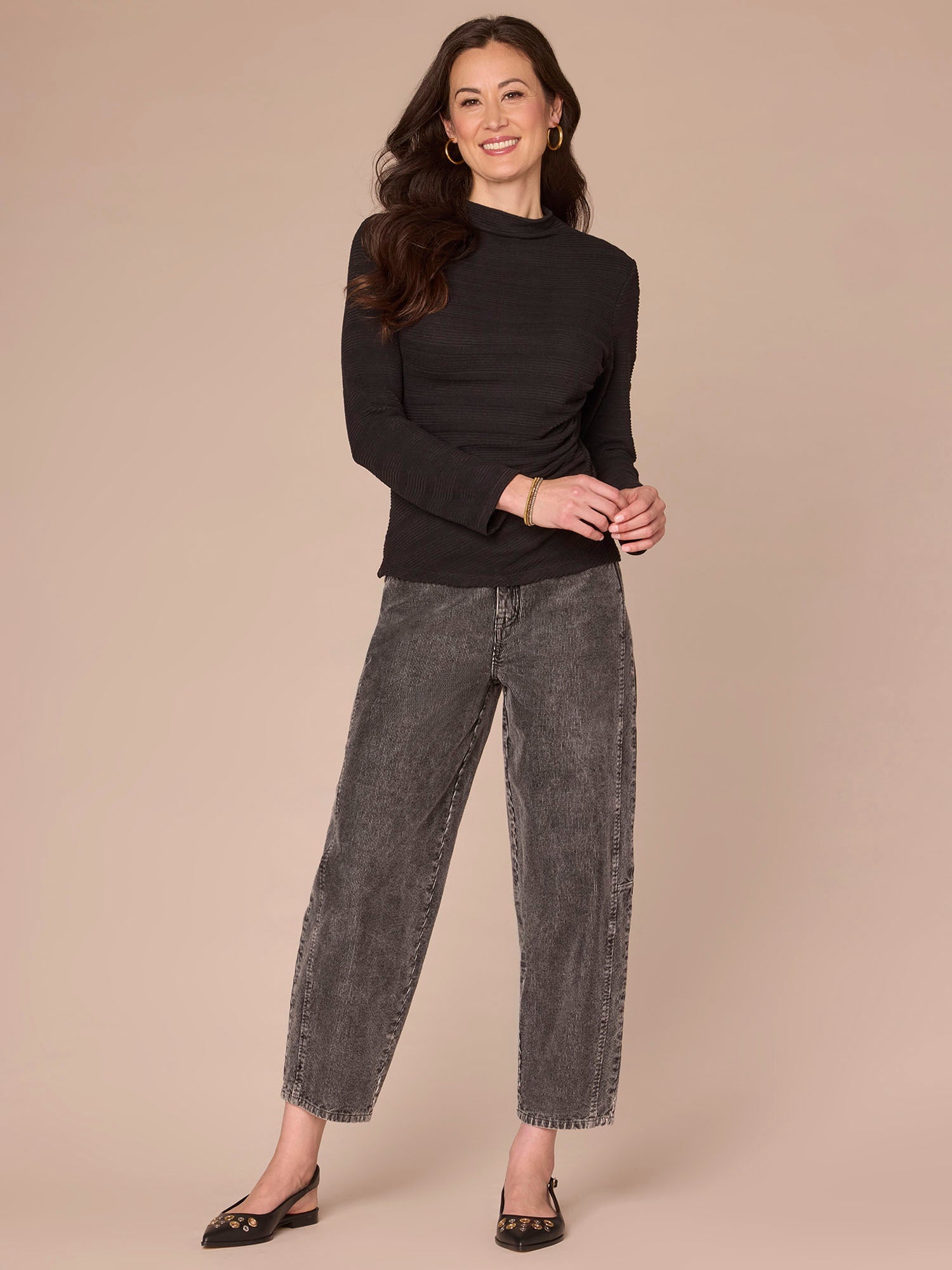 Long Sleeve Mock Neck Asymmetrical Side Ruching Plus Size Knit Top