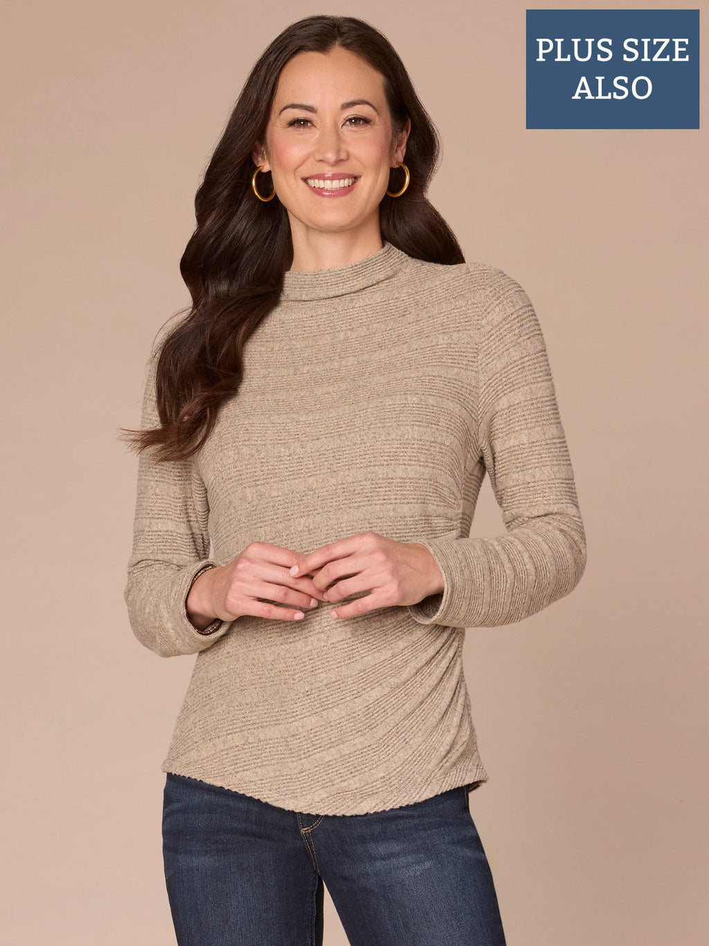 Long Sleeve Mock Neck Asymmetrical Side Ruching Plus Size Knit Top