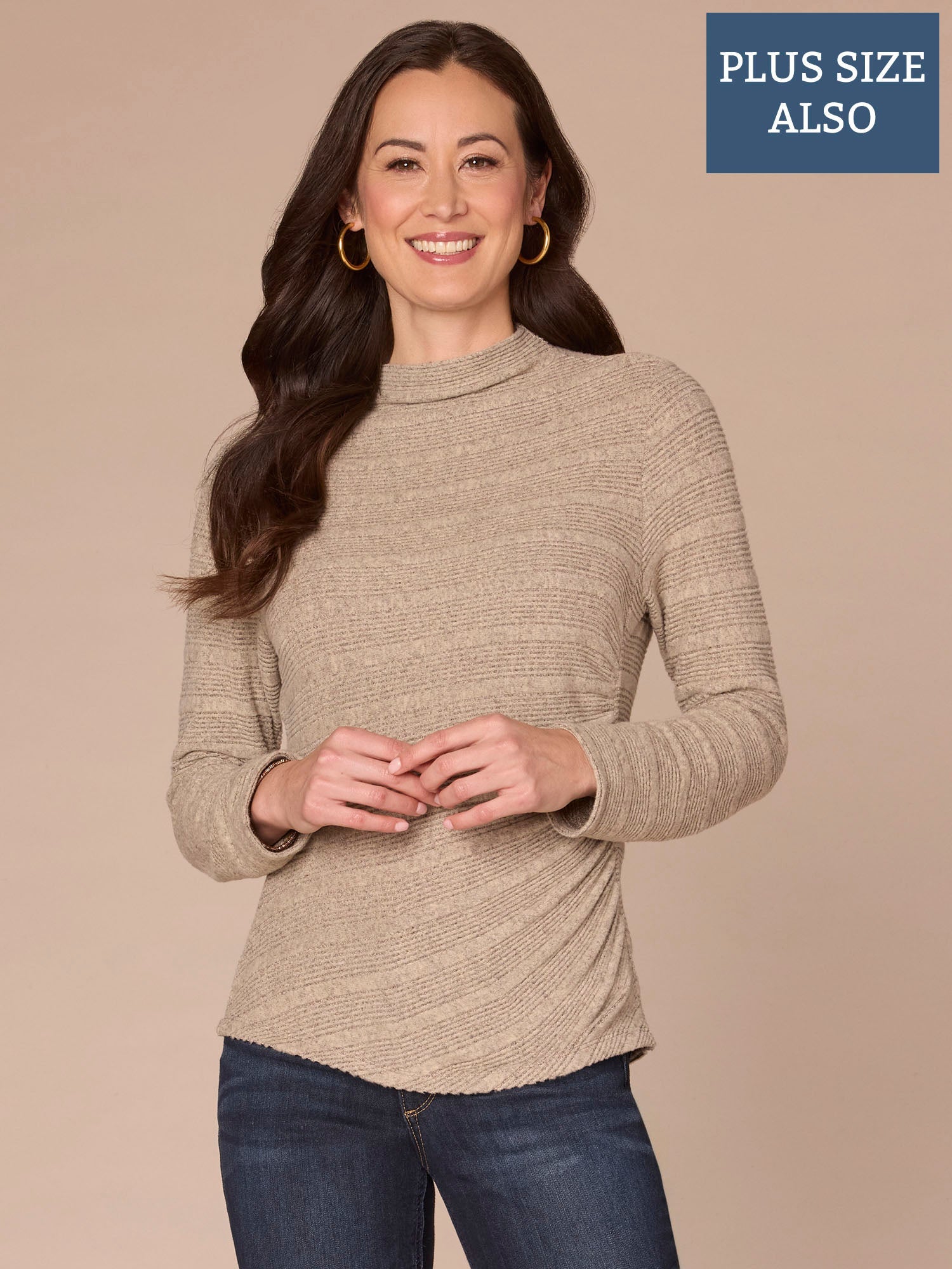 Long Sleeve Mock Neck Asymmetrical Side Ruching Plus Size Knit Top