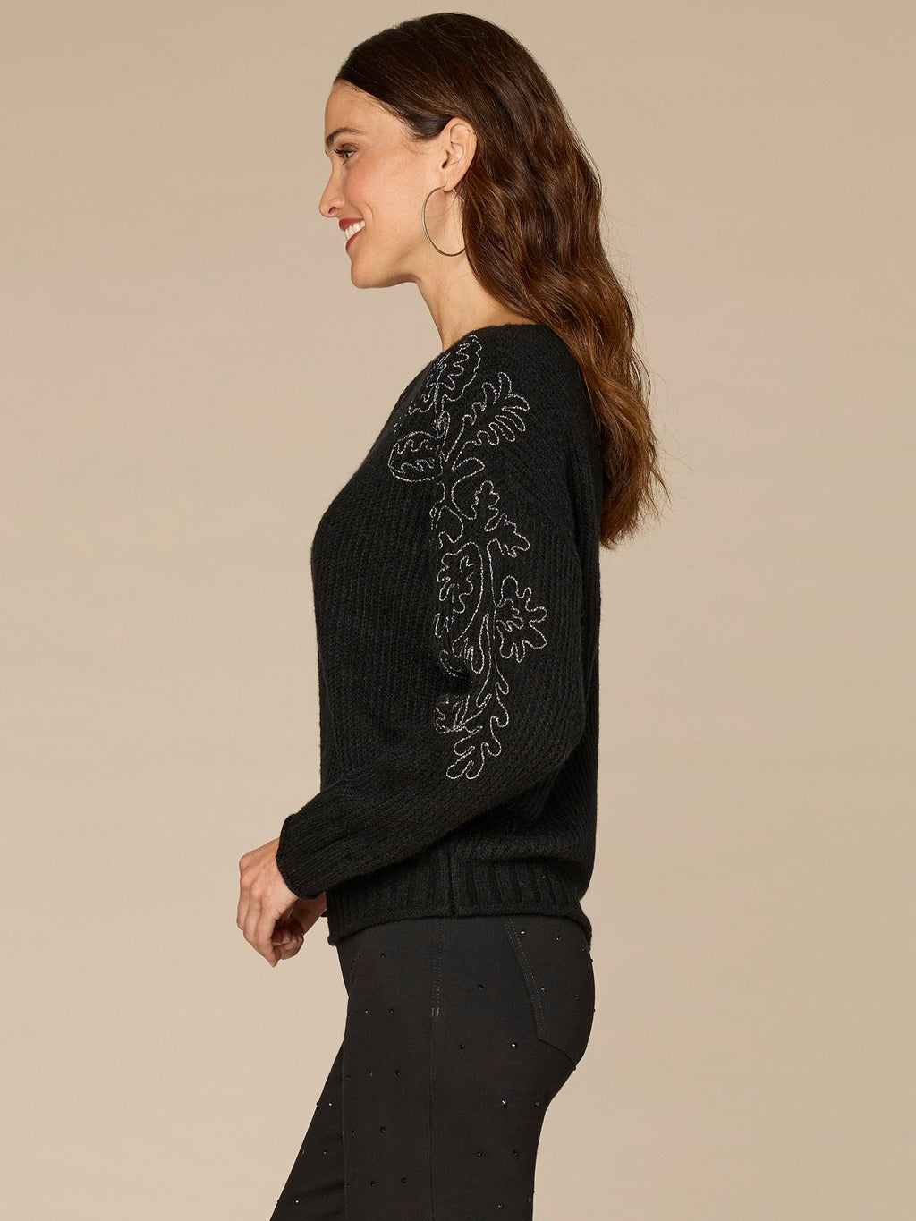Long Sleeve Boat Neck Embroidered Shoulder Plus Size Pull Over Sweater